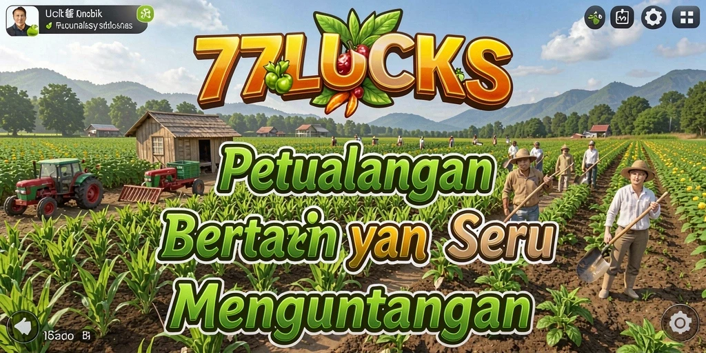 Tampilan screenshot utama 77LUCKS yang menunjukkan aktivitas bertani yang seru.