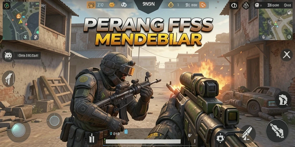 Screenshot gameplay 9N9N menampilkan aksi tembak-menembak yang intens.
