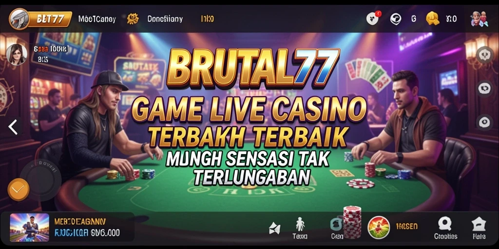 Screenshot utama BRUTAL77 menampilkan dealer profesional dalam suasana casino yang menarik.