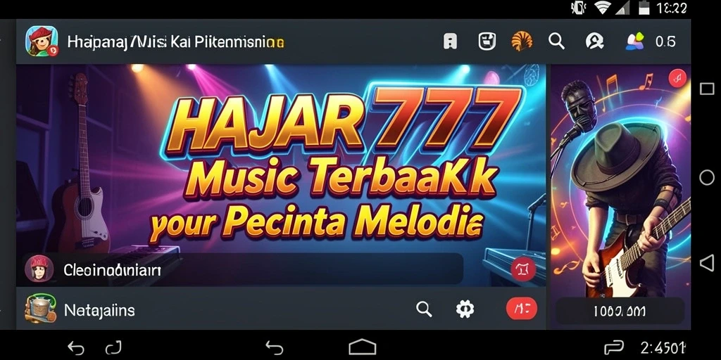 Tampilan gameplay seru dalam aplikasi HAJAR777 yang penuh dengan musik.