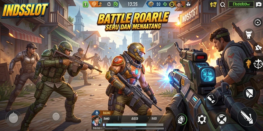Screenshot gameplay INDSLOT menampilkan aksi Battle Royale yang mendebarkan.