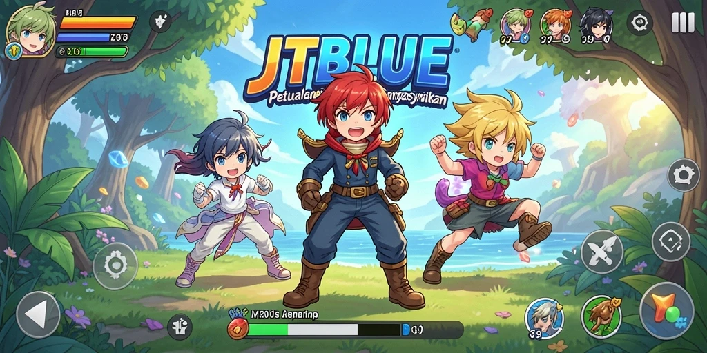 Screenshot gameplay JTBLUE yang penuh aksi dan warna.