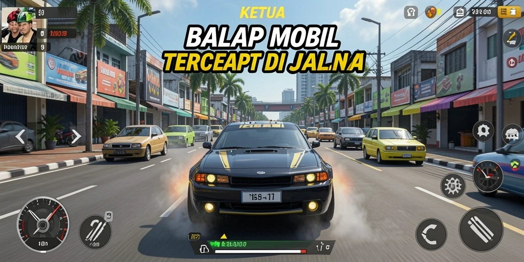 Tampilan gameplay <strong>KETUA</strong> dengan mobil balap melaju kencang di lintasan.