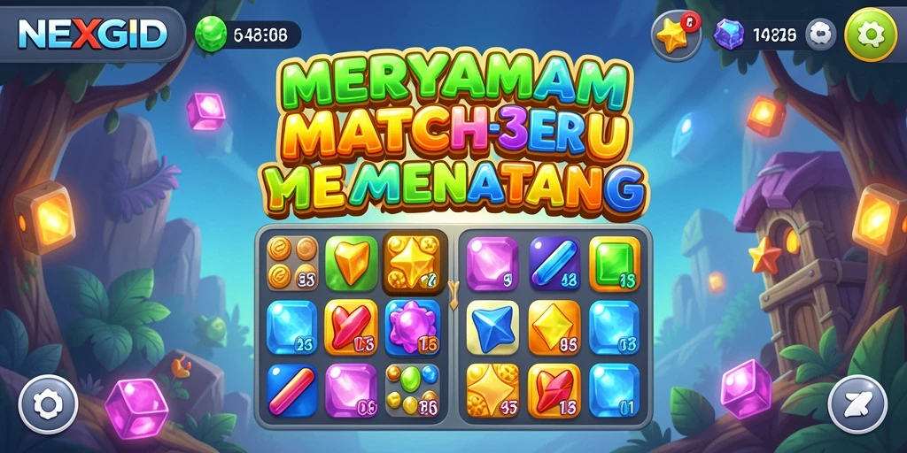 Tampilan seru gameplay Match-3 NEXGID dengan berbagai simbol berwarna.
