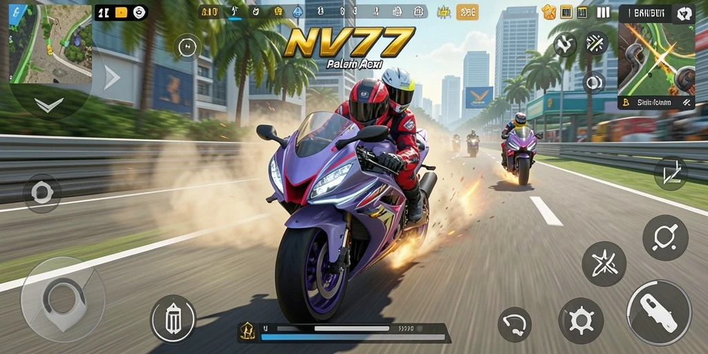 Gameplay mendebarkan NV77 dengan balapan motor yang intens.