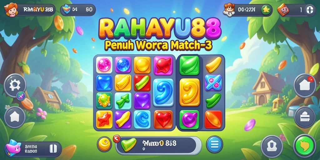 Tampilan gameplay seru RAHAYU88 dengan level Match-3 yang menantang.