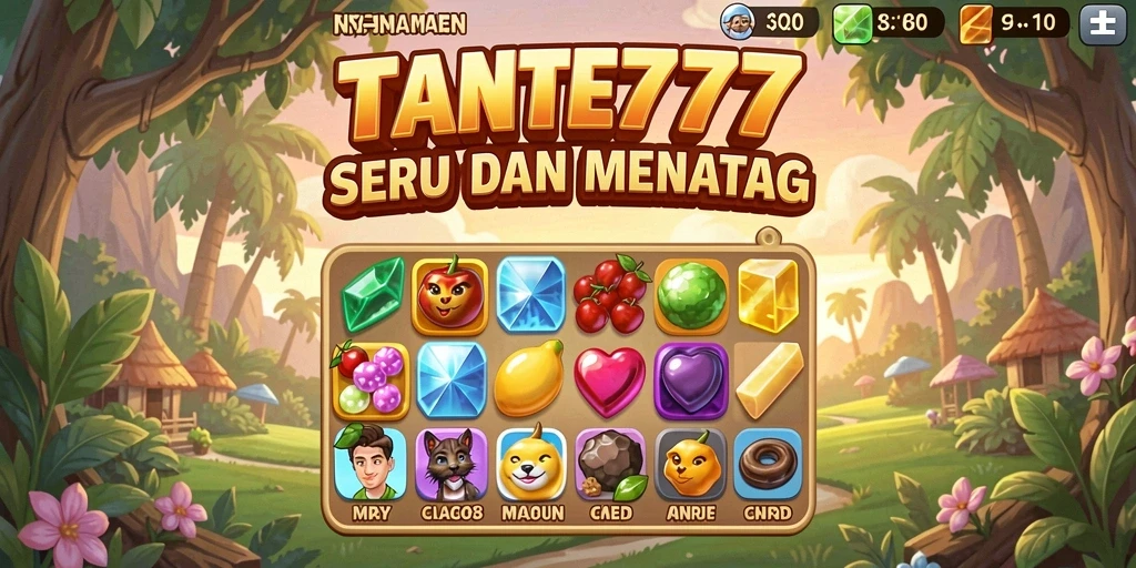 Screenshot utama TANTE777 menunjukkan gameplay seru dan penuh warna dari permainan Match-3.